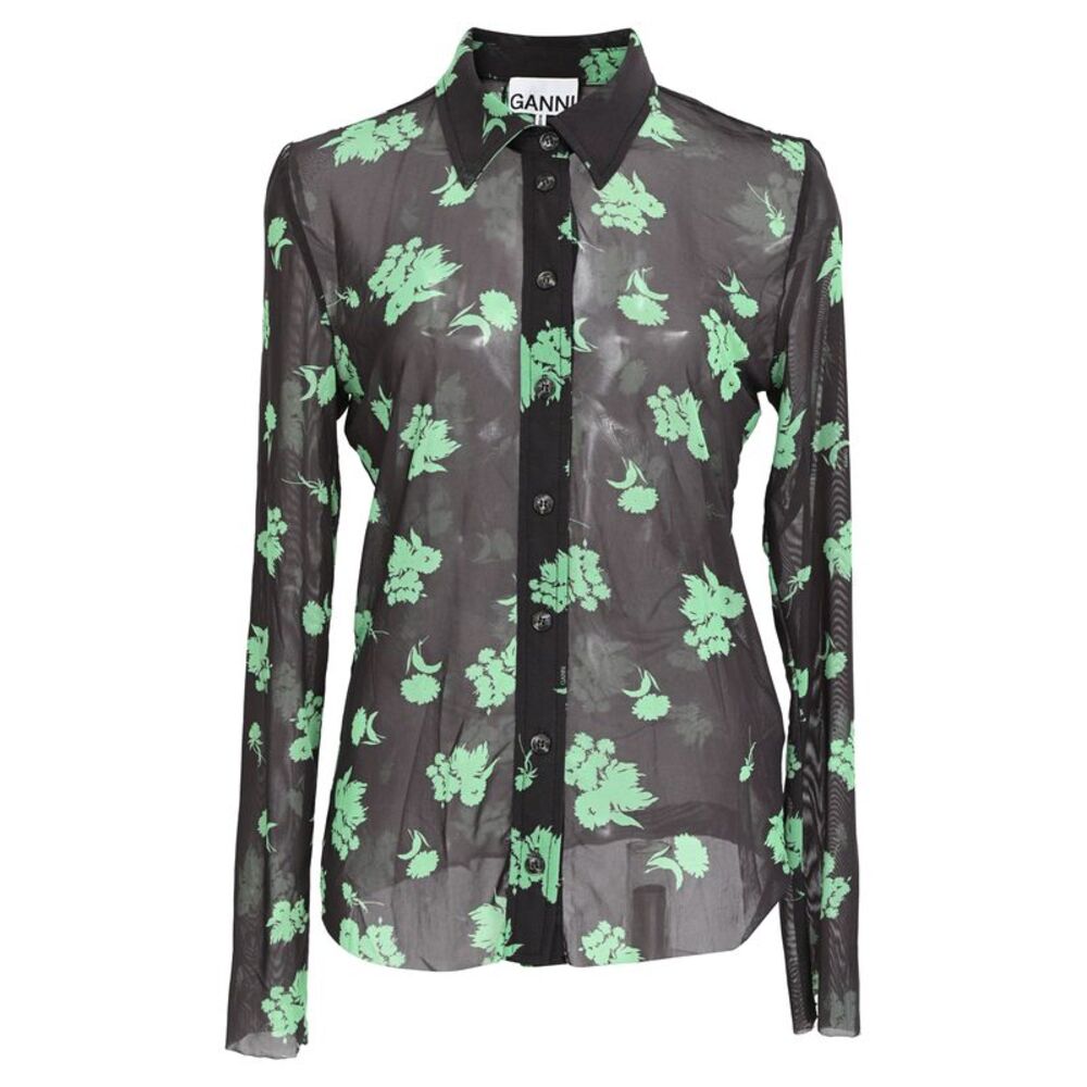 Ganni Printed Button-Down Mesh Shirt in Black Polyamide